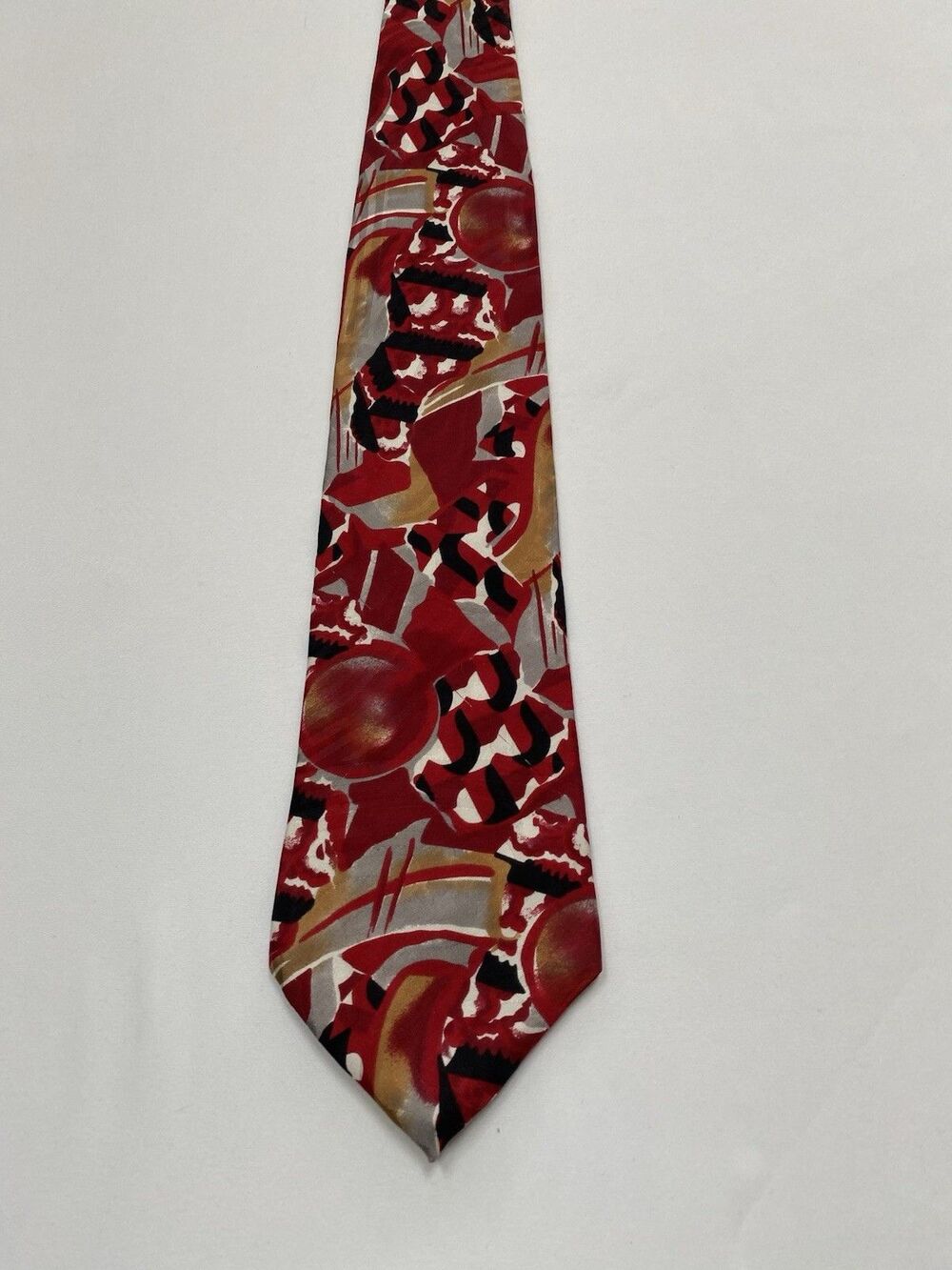 Geoffrey Beene Mens Silk Tie Abstract Geometric Red Gold Grey Made in USA Italy